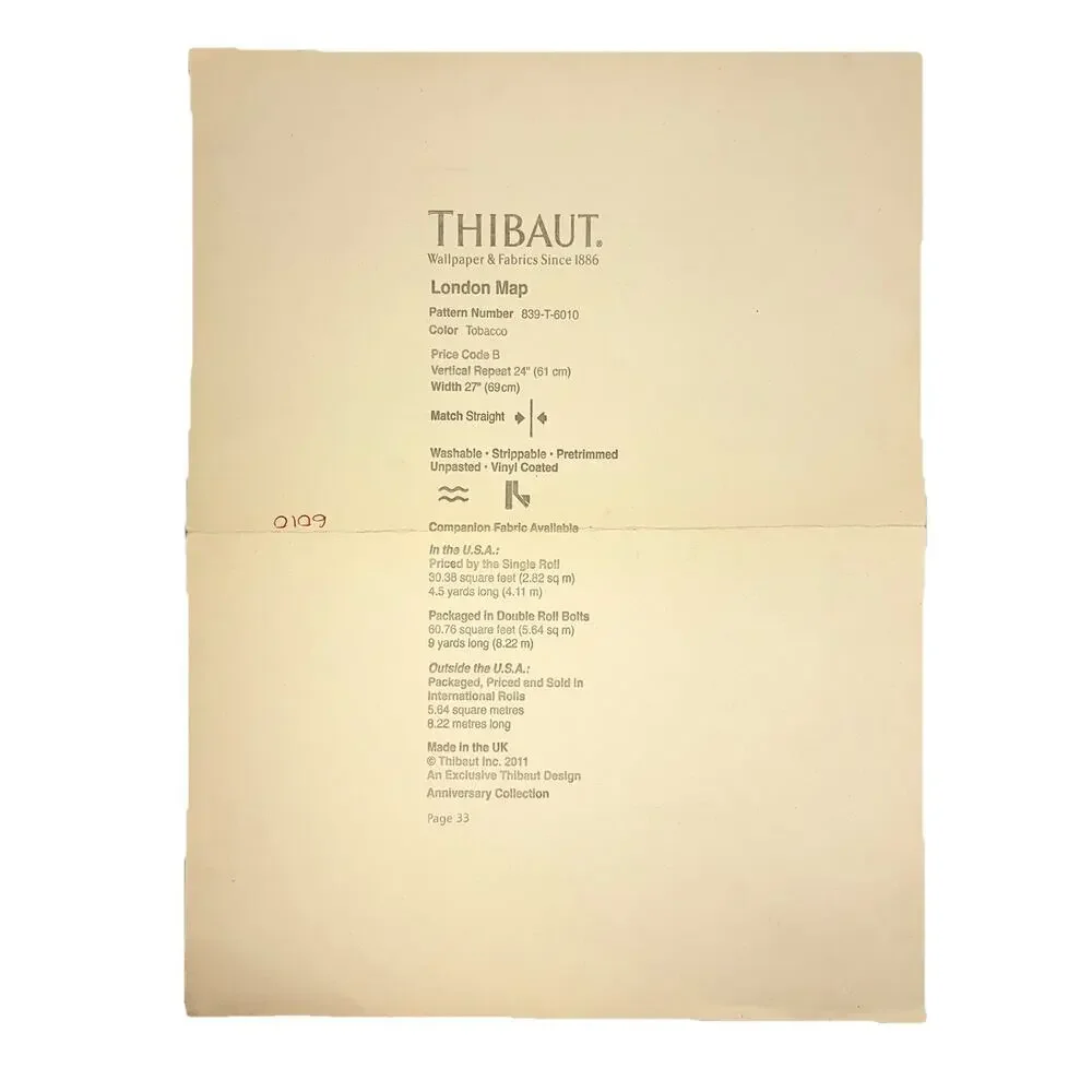 THIBAUT London Map TABACCO Sample Sheet 13.25” x 17.5” Pattern 839-T-6010